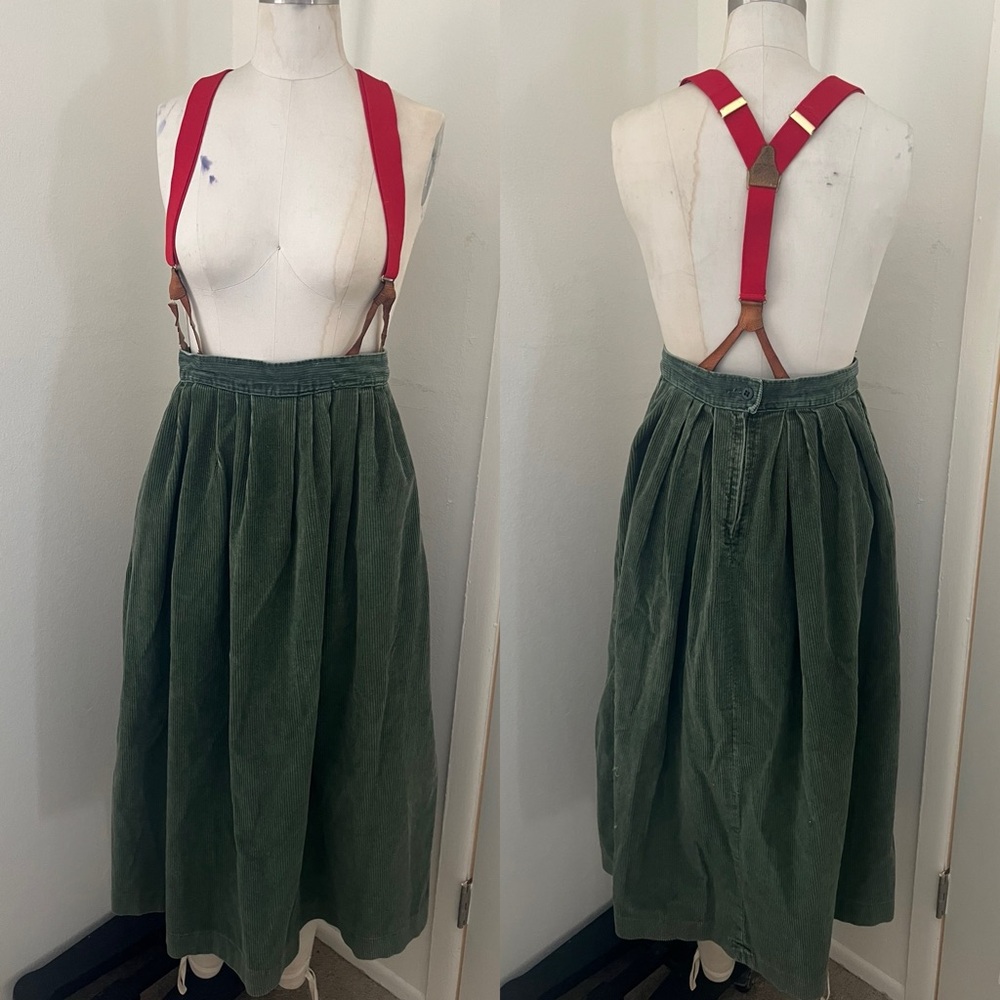 Vintage Polo Ralph Lauren Green Corduroy Skirt with Red Suspenders Sz 10